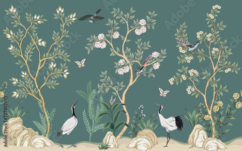 Vintage botanical garden floral tree, crane, birds, butterfly, flower, plant seamless border. Exotic chinoiserie mural.	