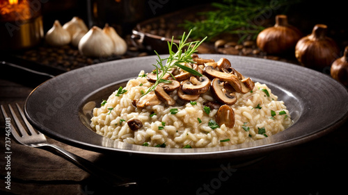 A risotto dish with mushrooms and herbs on a plate, with garlic and rosemary on the side