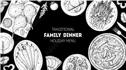 Easter food hand drawn sketch. Vector illustration. Festive table with Easter food. Engraved illustration. Menu set.