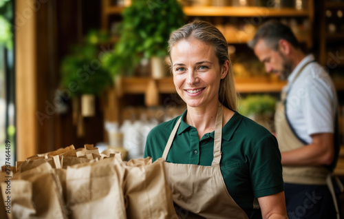 Smiling Female Worker in Green Apron at Food Market Generative AI image photo