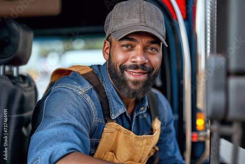 Cheerful truck driver smiling in his vehicle Generative AI image photo