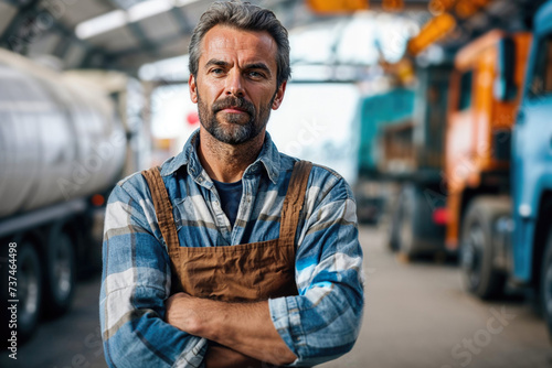 Confident worker with arms crossed at truck depot Generative AI image photo