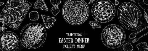 Easter food hand drawn sketch. Vector illustration. Festive table with Easter food. Engraved illustration. Menu set.