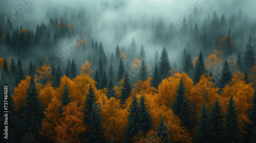 Misty Autumn Forest with Golden Foliage Generative AI image photo