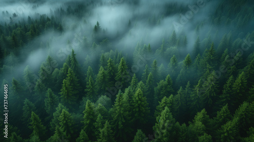 Misty pine forest at dawn with layers of fog Generative AI image photo