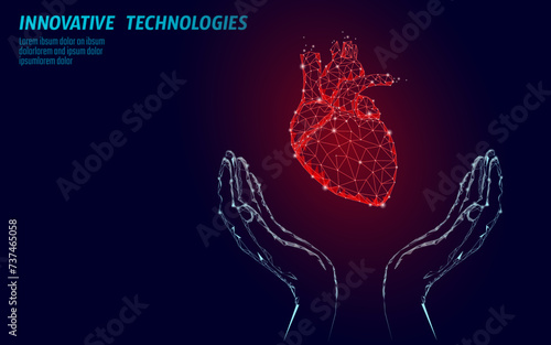 Hands holding support human heart. Medicine cardiology health help man concept. Low poly connected dots triangle future technology design background vector illustration