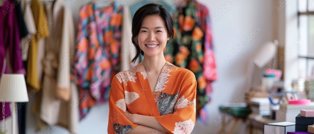 trendy asian stylist with arms crossed standing at modern fashion shop, cheerful smiling woman, horizontal banner trendy asian stylist with arms crossed standing at modern fashion shop, cheerful smiling woman, horizontal banner
