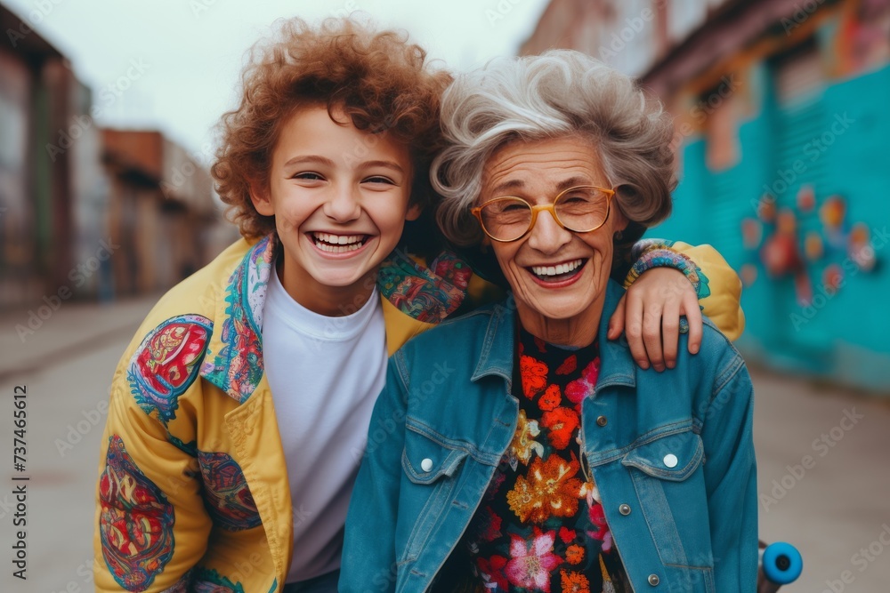 portrait of a smiling grandmother and grandson in bright clothes in the style of 90s culture
