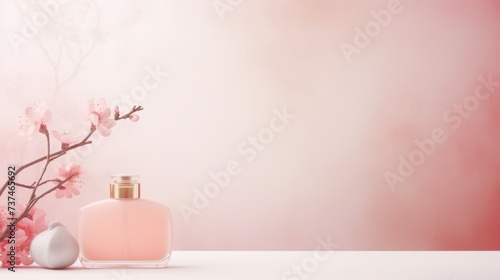 glass perfume bottle on a light pink background with sakura branches