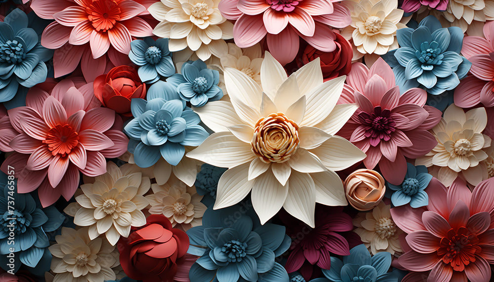 Abstract floral pattern in multi colored petals, a modern springtime backdrop generated by AI