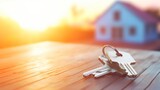 House keys on a wooden surface with a warm sunset and home in the background. Concept of new home ownership, real estate purchase, and property investment. Banner with copy space