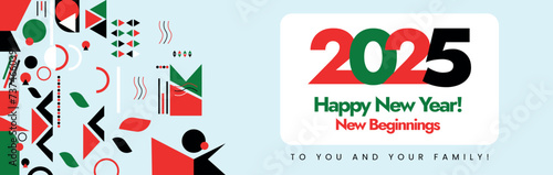 Happy new year 2025. New year 2025 celebration cover banner with abstract retro elements in UAE, Kuwait, Palestine, Jordan flag colours. 