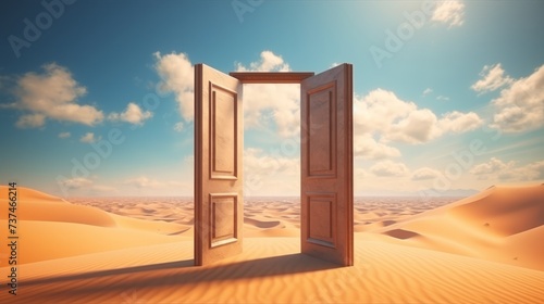 Open door in a desert. Concept of freedom  travel  adventure  discovery  opportunity  new beginnings  the unknown  mystery  and exploration.