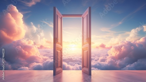Doors open to a vibrant sky above the clouds. Concept of heaven  hope  dreams  positivity  new horizons  freedom  the unknown  mystery  wonder  limitless possibilities.