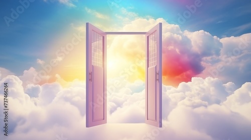 Open doors to vibrant sky with fluffy white clouds. Concept of heaven, hope, dreams, positivity, new horizons, freedom, the unknown, mystery, wonder, and limitless possibilities.