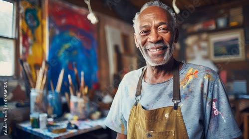 Elderly African American man artist next to his artwork in art studio. Concept of artistic talent, senior creativity, art therapy, interesting hobby, exciting leisure time, oil painting