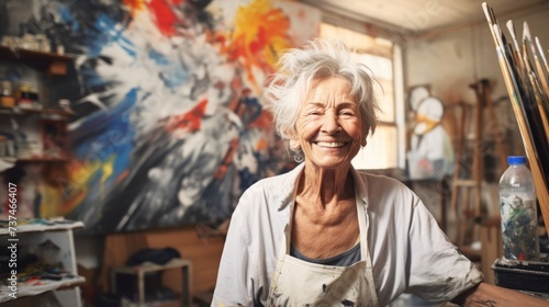 Elderly woman artist next to her artwork in an art studio. Concept of artistic talent, senior creativity, art therapy, creative process, interesting hobby, exciting leisure time, oil painting