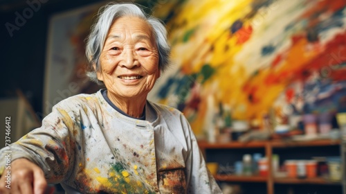 Elderly Asian woman artist next to her artwork in an art studio. Concept of artistic talent, senior creativity, art therapy, creative process, interesting hobby, exciting leisure time, oil painting