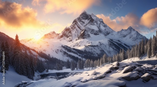Beautiful rocky mountains with snow. Panorama of winter