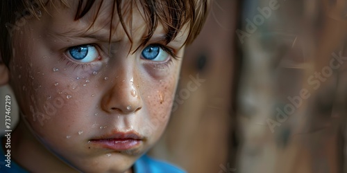 Unfiltered display of raw emotion and vulnerability through a young boy's tears. Concept Emotionally charged portrait, Vulnerable moments, Raw display of tears, Young boy's emotions photo