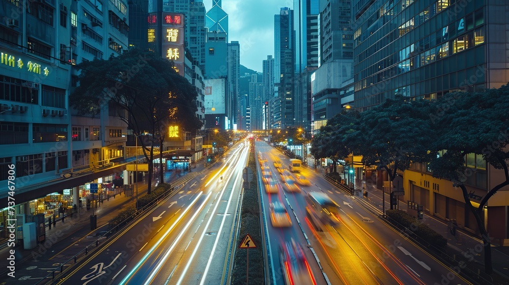 Naklejka premium The electrifying pulse of a city at night, with streaks of traffic lights creating a dynamic pattern of movement against a backdrop of urban architecture.