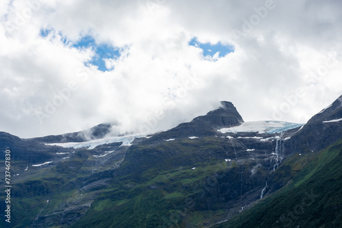 View of the Jostedalen Glacier melting over the Lovatnet Lake, Norway