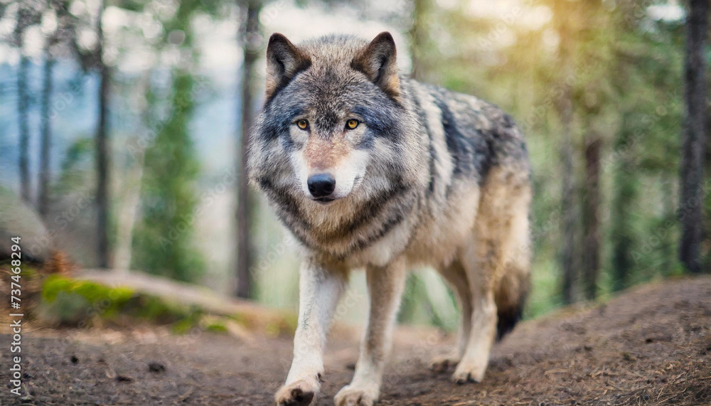 gray wolf, emblem of wilderness, stands solitary in blurred nature backdrop