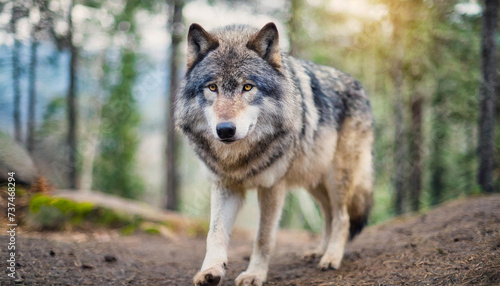 gray wolf  emblem of wilderness  stands solitary in blurred nature backdrop