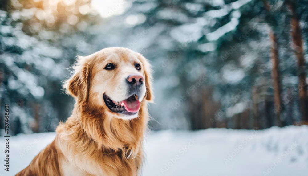 Joyful golden retriever dog frolicking in snow-covered landscape, embodying happiness and vitality