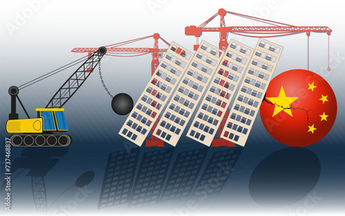 Economic crisis in the real estate market in China, flag of China New buildings being destroyed by the wracking ball.	
