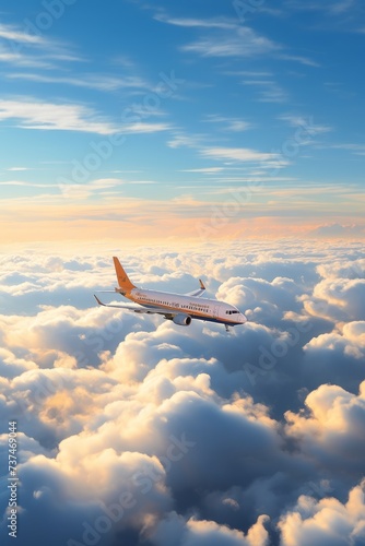 A yellow and white airplane is flying above the clouds during the day