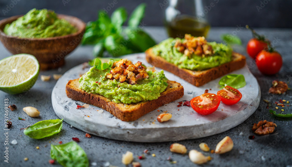 Fresh avocado toast on whole grain bread, a healthy breakfast option Fresh avocado toast on whole grain bread, a healthy breakfast option