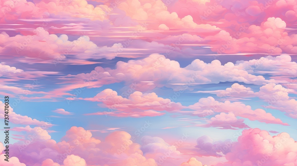 A beautiful painting of a pink and blue sky filled with fluffy clouds - obrazy, fototapety, plakaty 