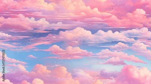 A beautiful painting of a pink and blue sky filled with fluffy clouds