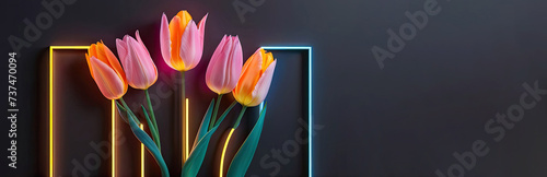Tulip flowers with neon geometric lines on a gray background #737470094
