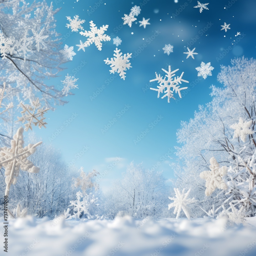 Fototapeta premium Winter Snowflakes Falling on a Snowy Forest