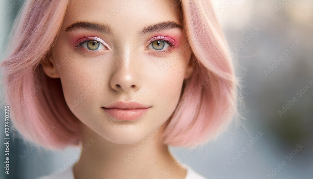 Serious Caucasian model with pastel pink hair and makeup, epitomizing modern beauty and femininity Serious Caucasian model with pastel pink hair and makeup, epitomizing modern beauty and femininity