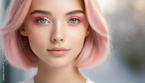Serious Caucasian model with pastel pink hair and makeup, epitomizing modern beauty and femininity