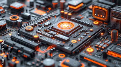 A close-up of a computer circuit board with an orange glowing CPU photo