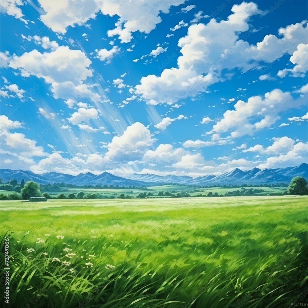 Obraz premium Green field with mountains in the distance