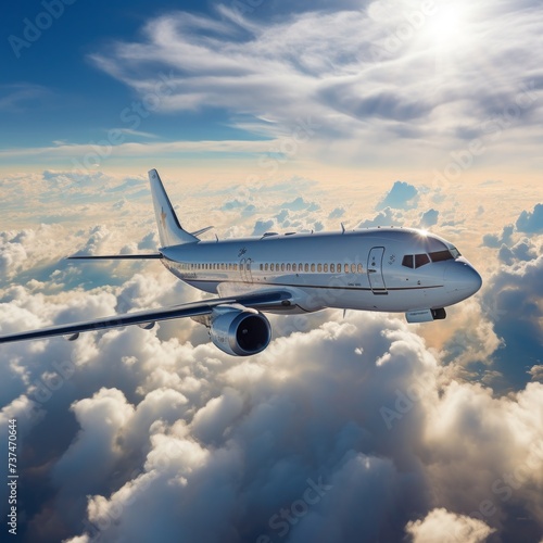 Boeing 737 private jet flying above the clouds