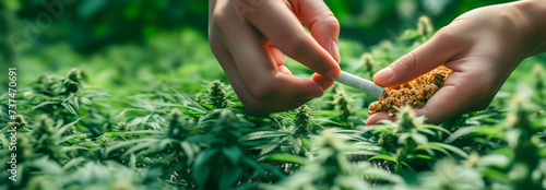 Two hands hold a joint and the dried flowers of cannabis plants. A cannabis plantation can be seen blurred in the background. Copy Space.