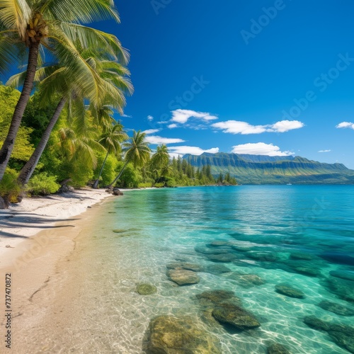 Coconut trees on a beach with crystal clear water