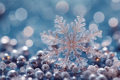 A beautiful snowflake on a blue background with silver beads © Adobe Contributor