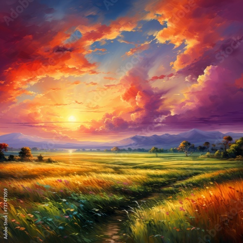 Landscape with sunset and colorful sky