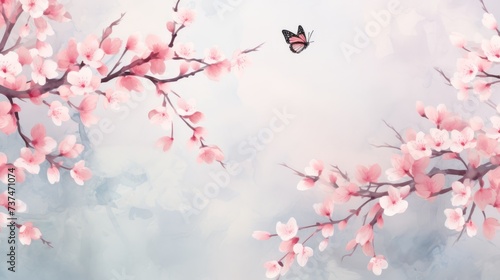 Pink cherry blossom branches with butterfly