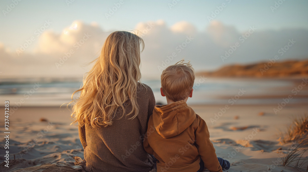 Mujer joven jugando en la playa con su hijo pequeño - obrazy, fototapety, plakaty 