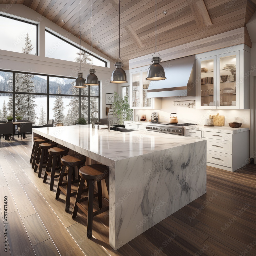 Modern kitchen interior with large marble island and wood ceiling