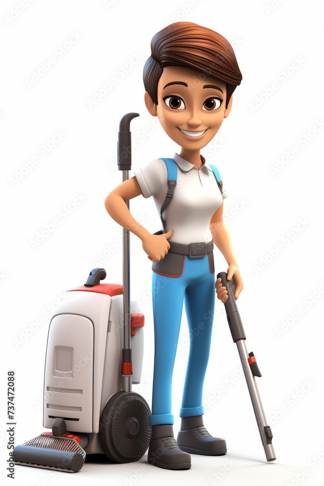 A 3D illustration of a female cleaner with a vacuum cleaner A 3D illustration of a female cleaner with a vacuum cleaner