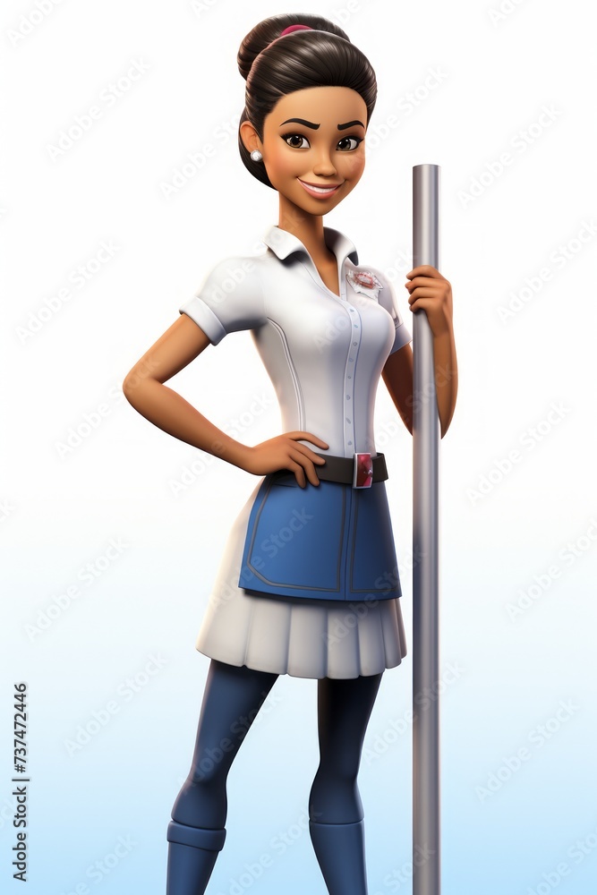 A cartoon image of a young woman wearing a white shirt, blue apron, and black pants while leaning on a mop A cartoon image of a young woman wearing a white shirt, blue apron, and black pants while leaning on a mop